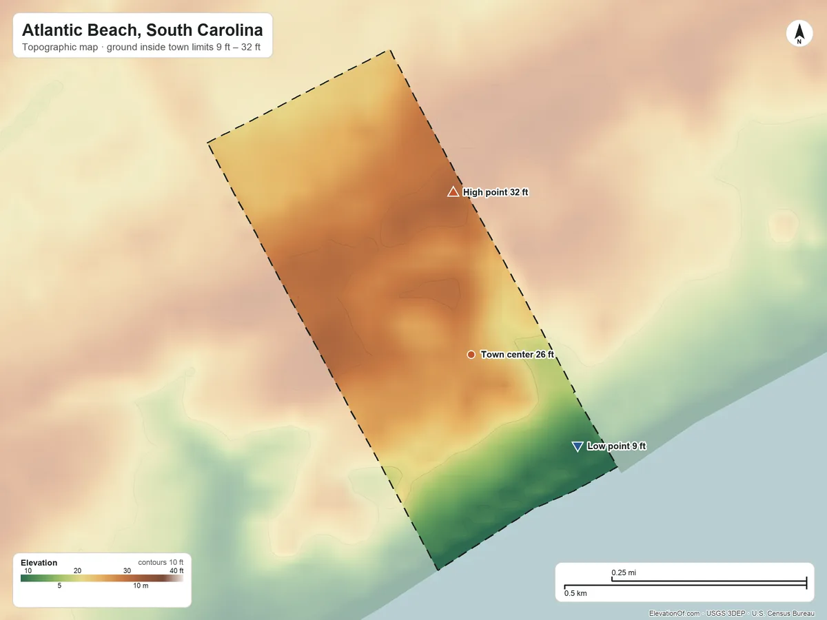 Topographic elevation map of Atlantic Beach, South Carolina, shaded from 9 ft on the southeast side to 32 ft on the north side