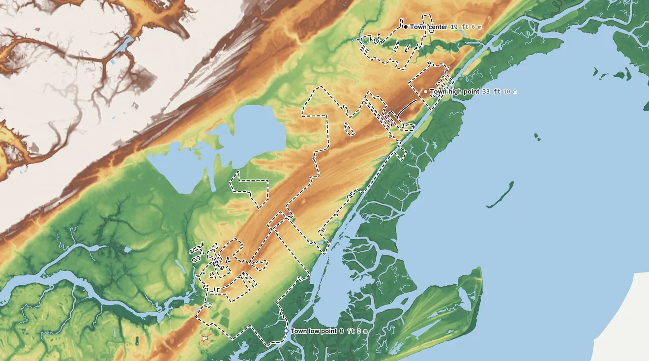 Topographic elevation map of Awendaw, South Carolina, shaded from sea level level on Sewee Bay to 33 ft on the south side