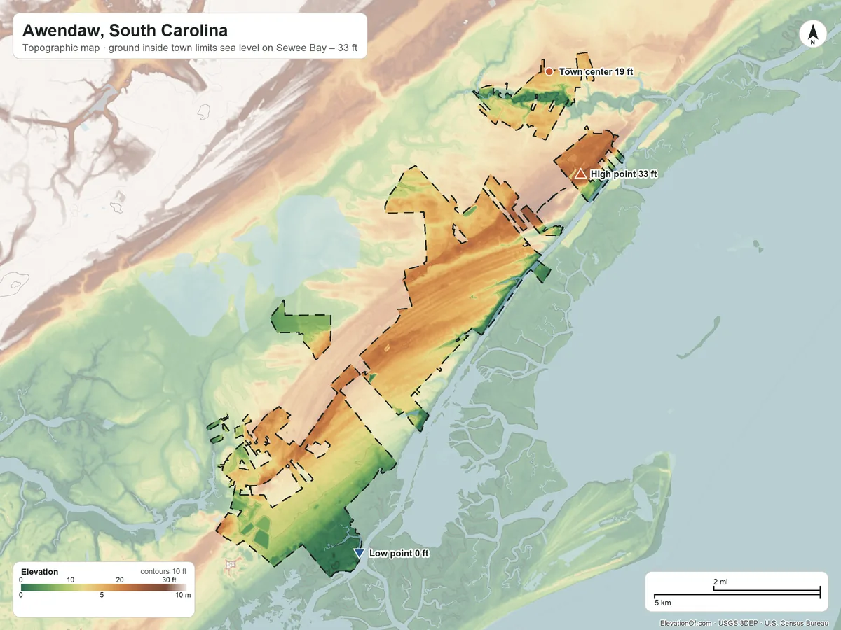 Topographic elevation map of Awendaw, South Carolina, shaded from sea level level on Sewee Bay to 33 ft on the south side