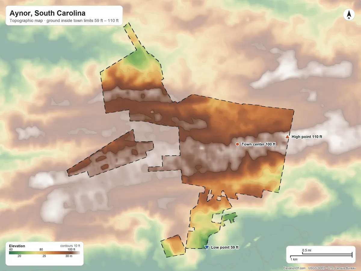 Topographic elevation map of Aynor, South Carolina, shaded from 59 ft on the south side to 110 ft on the east side