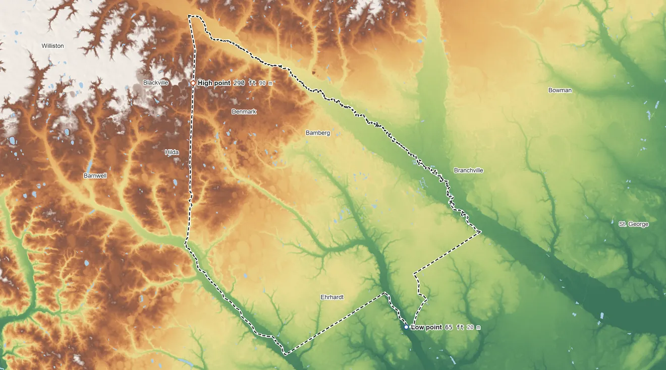 Topographic elevation map of Bamberg County, South Carolina, shaded from 65 ft on the southeast side to 290 ft on the northwest side