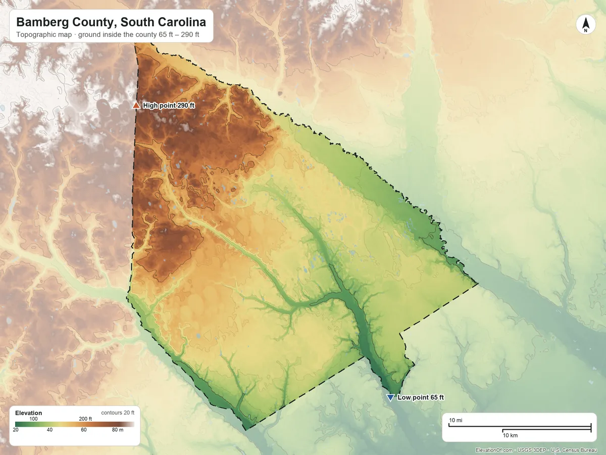 Topographic elevation map of Bamberg County, South Carolina, shaded from 65 ft on the southeast side to 290 ft on the northwest side