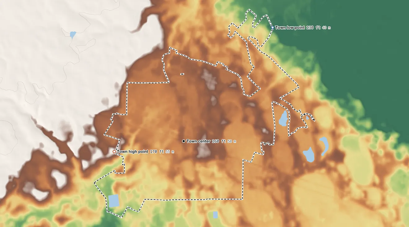 Topographic elevation map of Bamberg, South Carolina, shaded from 130 ft on the northeast side to 170 ft on the west side