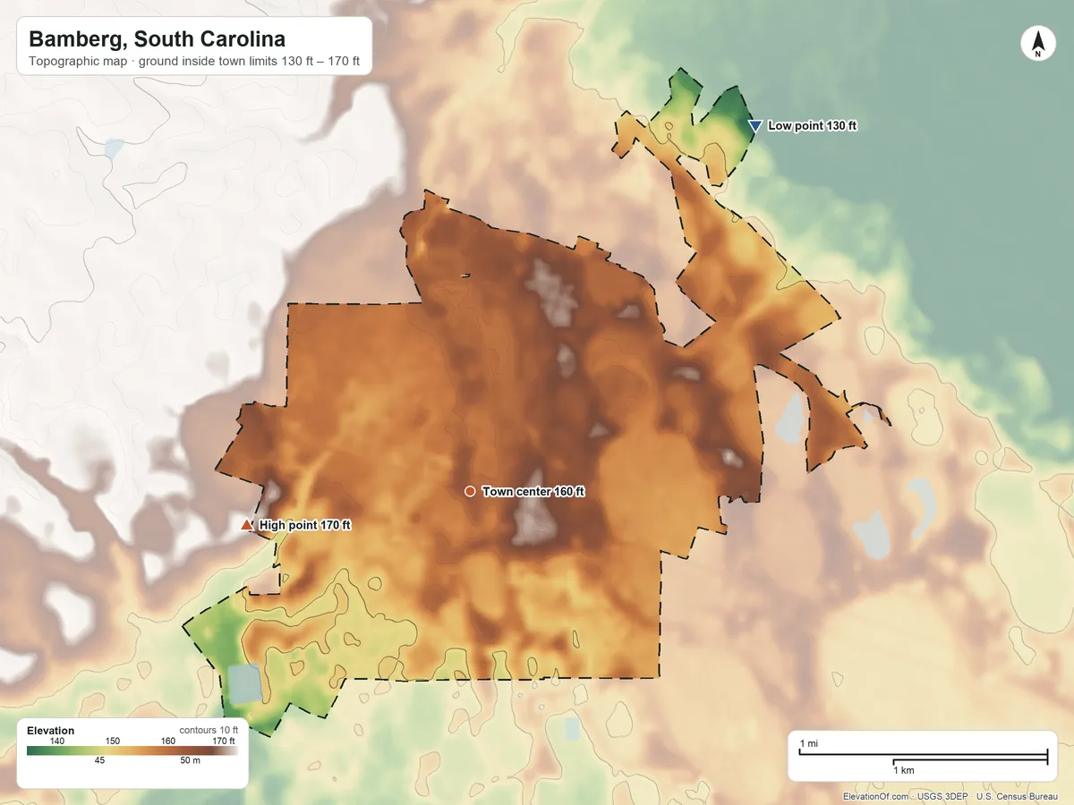 Topographic elevation map of Bamberg, South Carolina, shaded from 130 ft on the northeast side to 170 ft on the west side