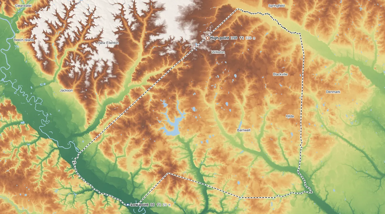 Topographic elevation map of Barnwell County, South Carolina, shaded from 80 ft on the southwest side to 390 ft on the north side