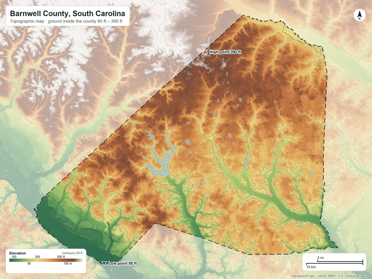 Topographic elevation map of Barnwell County, South Carolina, shaded from 80 ft on the southwest side to 390 ft on the north side