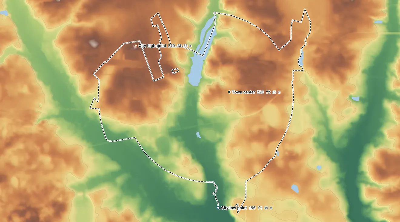 Topographic elevation map of Barnwell, South Carolina, shaded from 150 ft on the south side to 270 ft on the northwest side