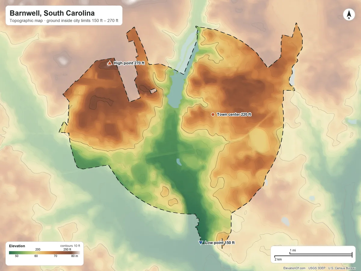 Topographic elevation map of Barnwell, South Carolina, shaded from 150 ft on the south side to 270 ft on the northwest side