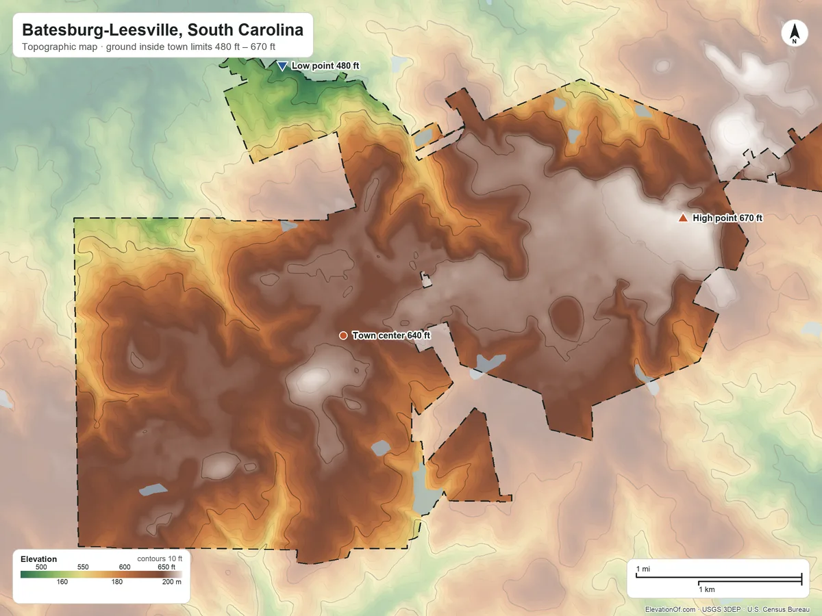 Topographic elevation map of Batesburg-Leesville, South Carolina, shaded from 480 ft on the north side to 670 ft on the east side