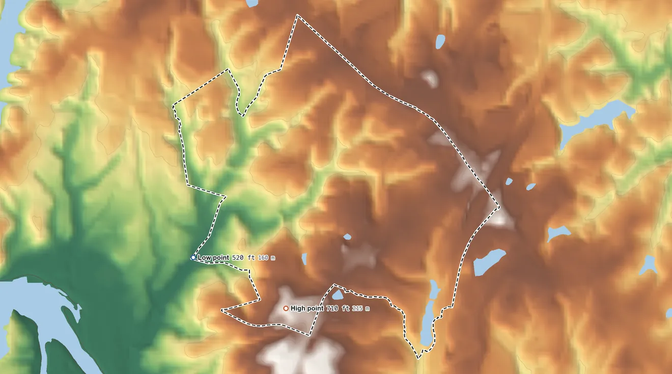 Topographic elevation map of Baxter Village, South Carolina, shaded from 520 ft on the southwest side to 710 ft on the southwest side