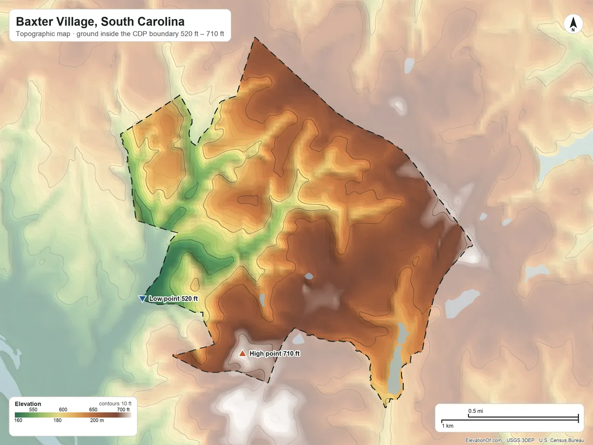 Topographic elevation map of Baxter Village, South Carolina, shaded from 520 ft on the southwest side to 710 ft on the southwest side
