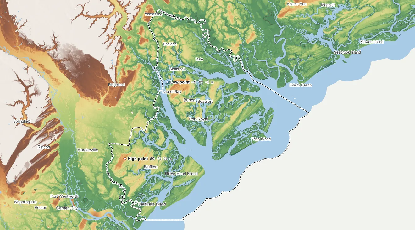 Topographic elevation map of Beaufort County, South Carolina, shaded from 5 ft below sea level on the northwest side to 69 ft on the southwest side