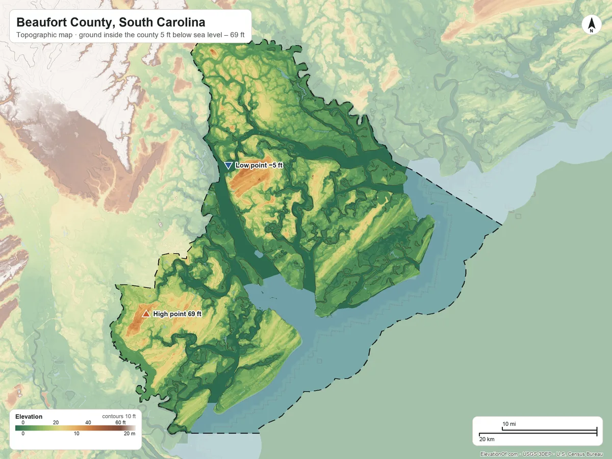 Topographic elevation map of Beaufort County, South Carolina, shaded from 5 ft below sea level on the northwest side to 69 ft on the southwest side