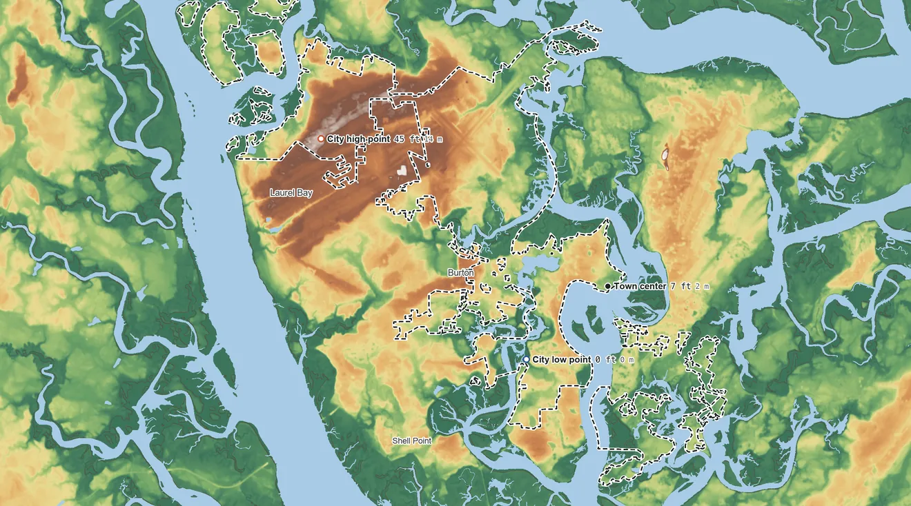 Topographic elevation map of Beaufort, South Carolina, shaded from 0 ft on the southwest side to 45 ft on the northwest side