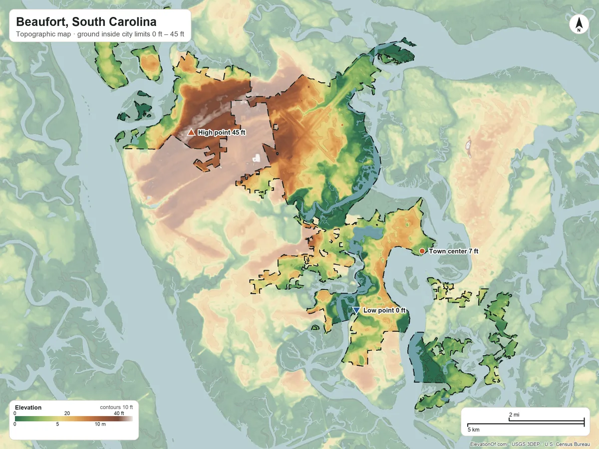 Topographic elevation map of Beaufort, South Carolina, shaded from 0 ft on the southwest side to 45 ft on the northwest side