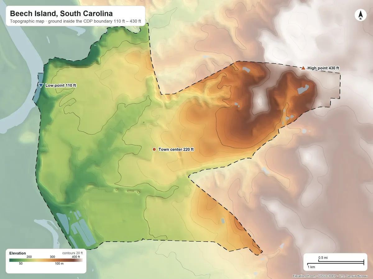 Topographic elevation map of Beech Island, South Carolina, shaded from 110 ft on the northwest side to 430 ft on the northeast side