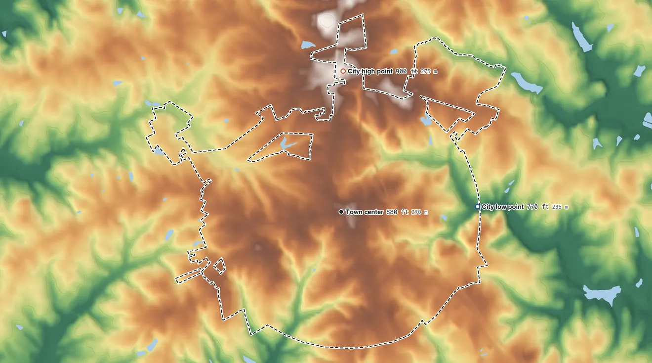 Topographic elevation map of Belton, South Carolina, shaded from 770 ft on the east side to 900 ft on the north side