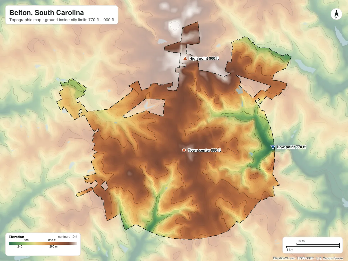 Topographic elevation map of Belton, South Carolina, shaded from 770 ft on the east side to 900 ft on the north side