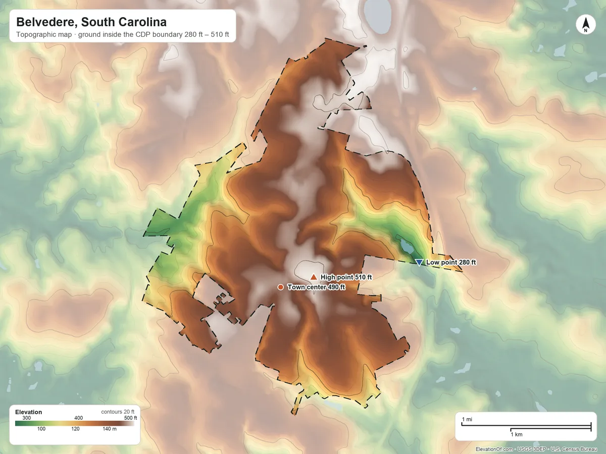 Topographic elevation map of Belvedere, South Carolina, shaded from 280 ft on the east side to 510 ft near the middle