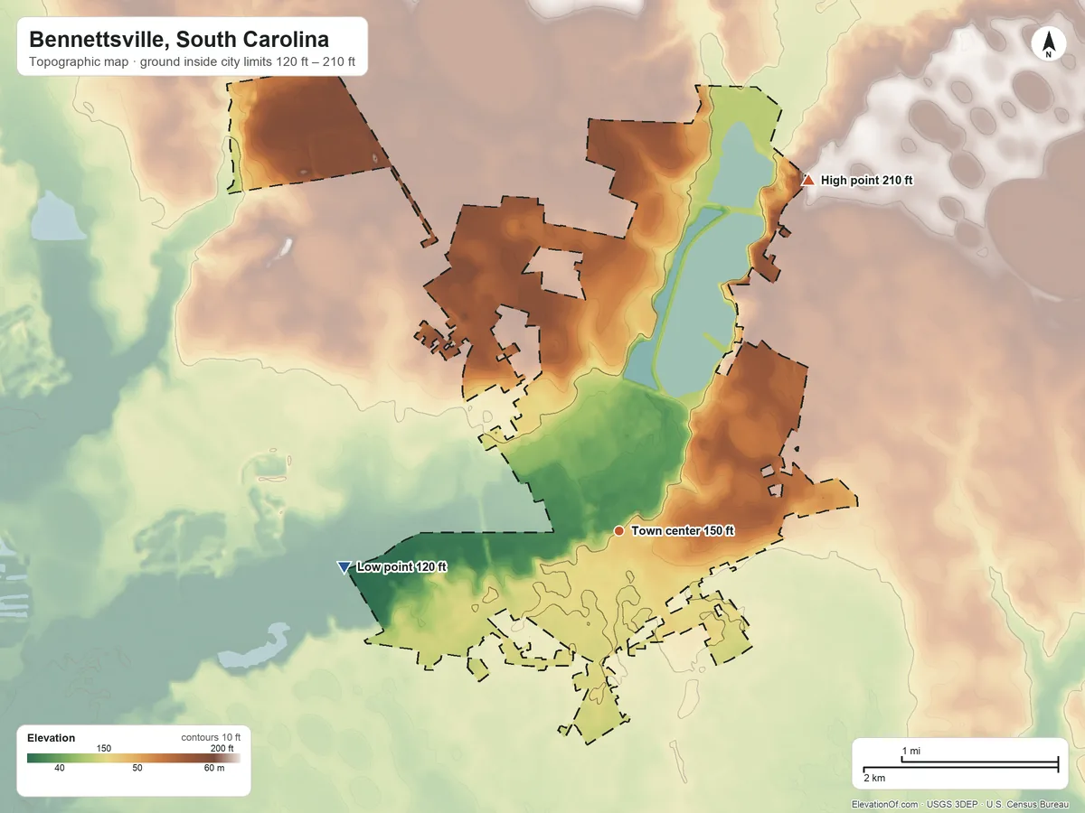 Topographic elevation map of Bennettsville, South Carolina, shaded from 120 ft on the west side to 210 ft on the northeast side