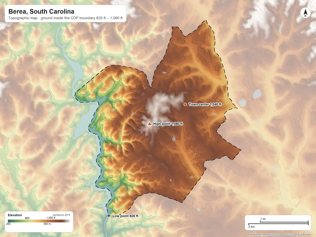 Topographic elevation map of Berea, South Carolina, shaded from 820 ft on the southwest side to 1,080 ft on the southwest side