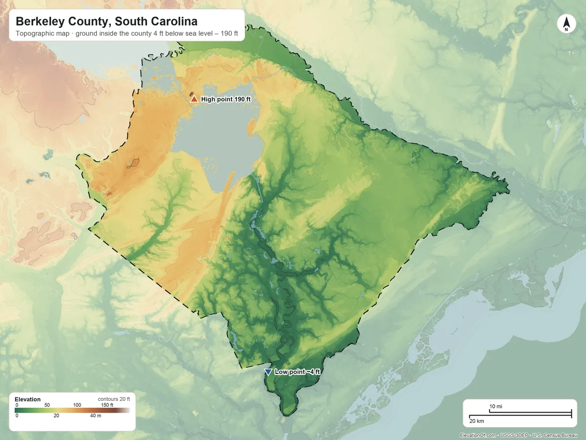 Topographic elevation map of Berkeley County, South Carolina, shaded from 4 ft below sea level on the south side to 190 ft on the northwest side