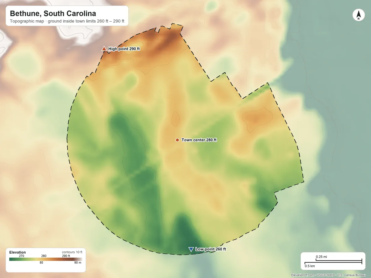 Topographic elevation map of Bethune, South Carolina, shaded from 260 ft on the south side to 290 ft on the northwest side