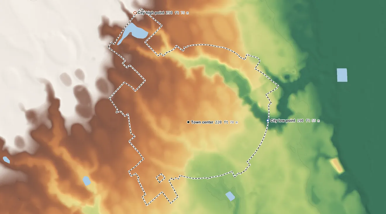 Topographic elevation map of Bishopville, South Carolina, shaded from 190 ft on the east side to 250 ft on the northwest side