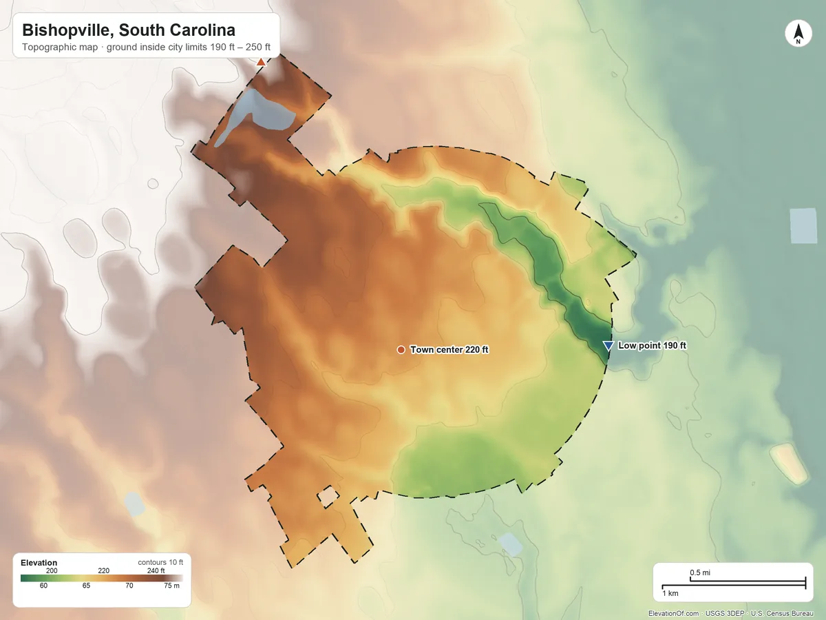 Topographic elevation map of Bishopville, South Carolina, shaded from 190 ft on the east side to 250 ft on the northwest side