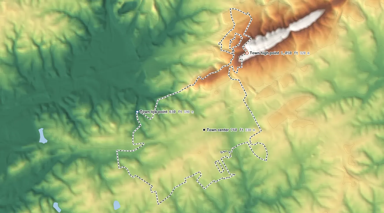 Topographic elevation map of Blacksburg, South Carolina, shaded from 630 ft on the west side to 1,050 ft on the northeast side