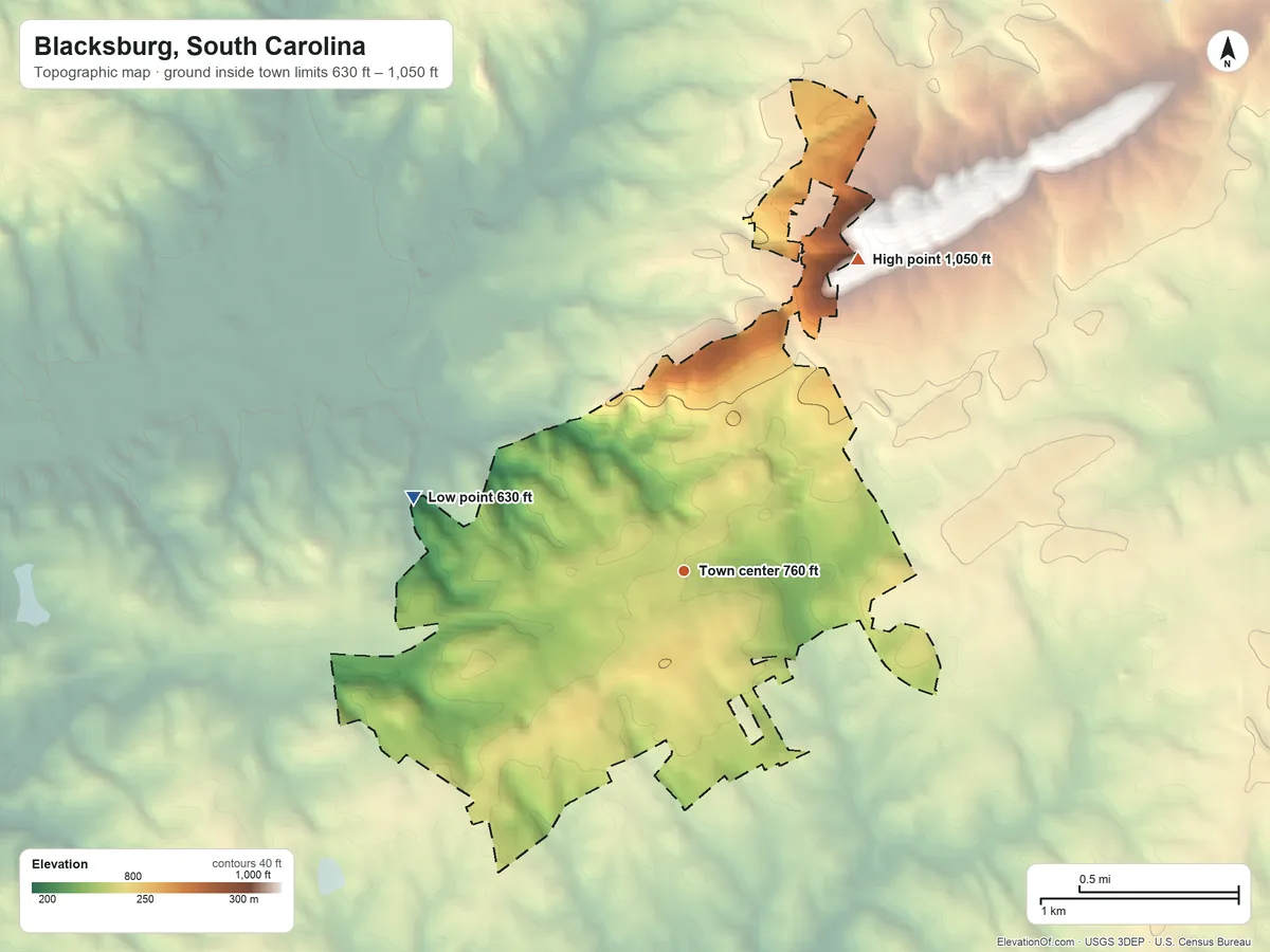 Topographic elevation map of Blacksburg, South Carolina, shaded from 630 ft on the west side to 1,050 ft on the northeast side
