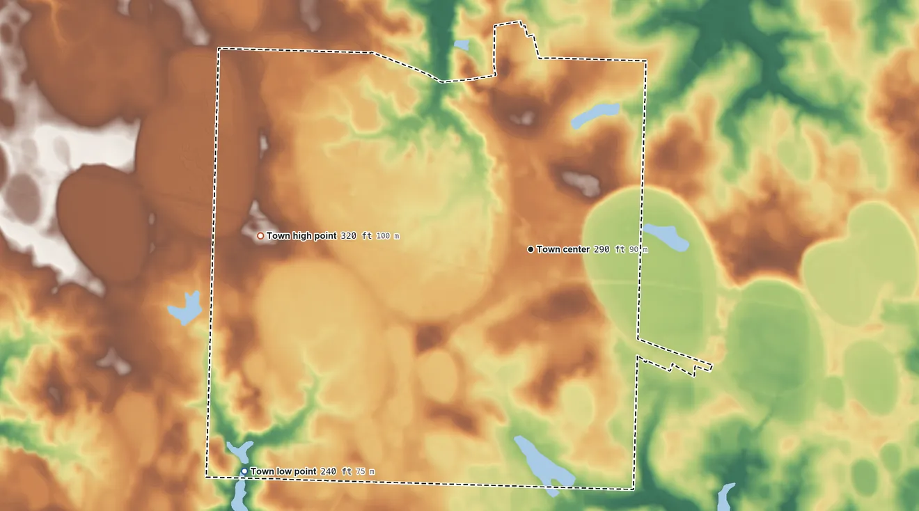 Topographic elevation map of Blackville, South Carolina, shaded from 240 ft on the southwest side to 320 ft on the west side