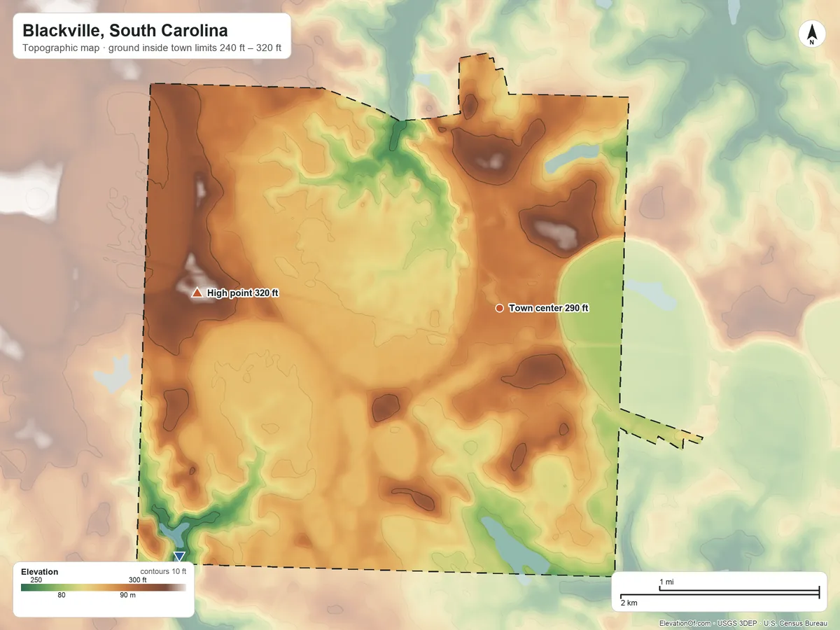 Topographic elevation map of Blackville, South Carolina, shaded from 240 ft on the southwest side to 320 ft on the west side