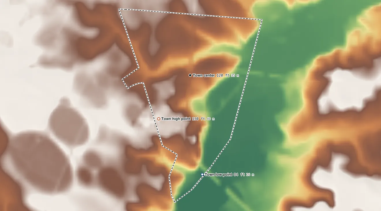 Topographic elevation map of Blenheim, South Carolina, shaded from 84 ft on the south side to 130 ft on the southwest side