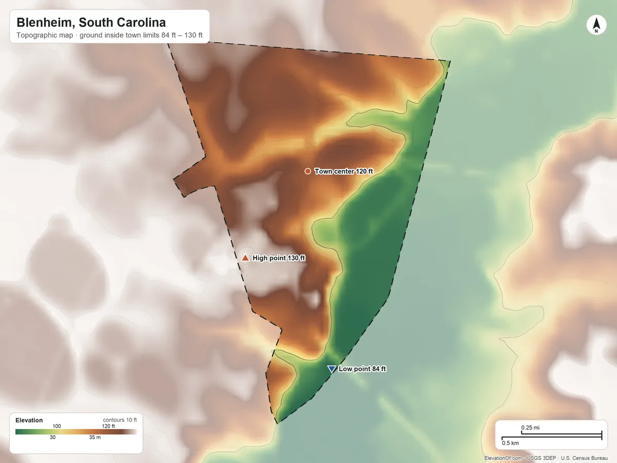 Topographic elevation map of Blenheim, South Carolina, shaded from 84 ft on the south side to 130 ft on the southwest side