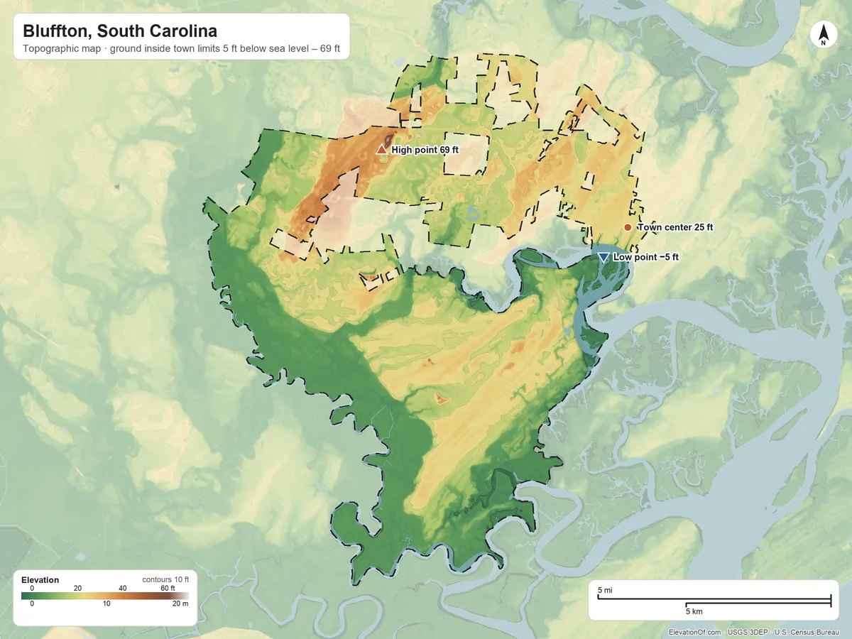 Topographic elevation map of Bluffton, South Carolina, shaded from −5 ft near the middle to 69 ft on the west side