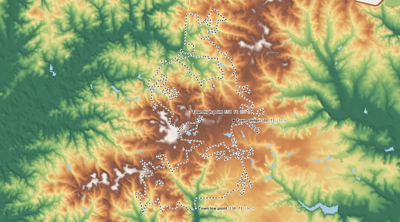 Topographic elevation map of Blythewood, South Carolina, shaded from 330 ft on the southwest side to 550 ft on the west side