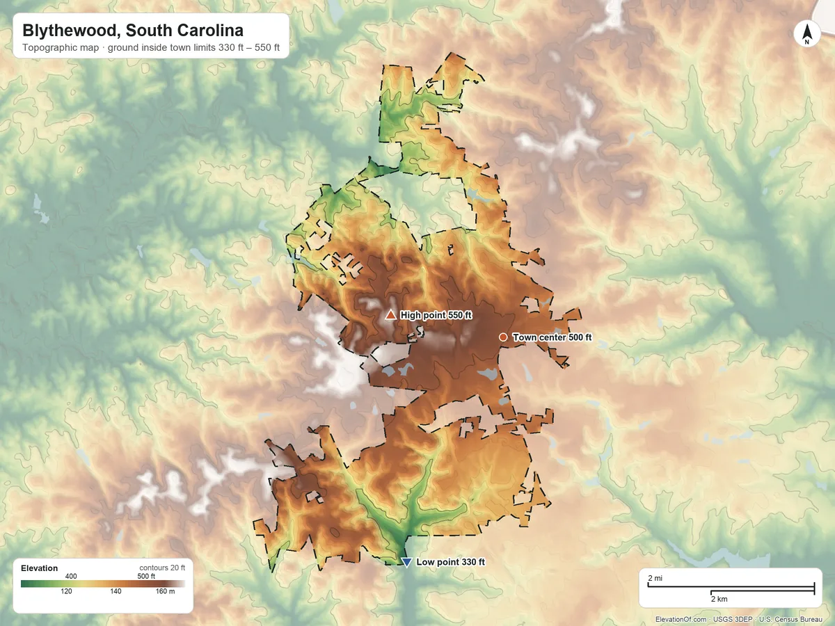 Topographic elevation map of Blythewood, South Carolina, shaded from 330 ft on the southwest side to 550 ft on the west side