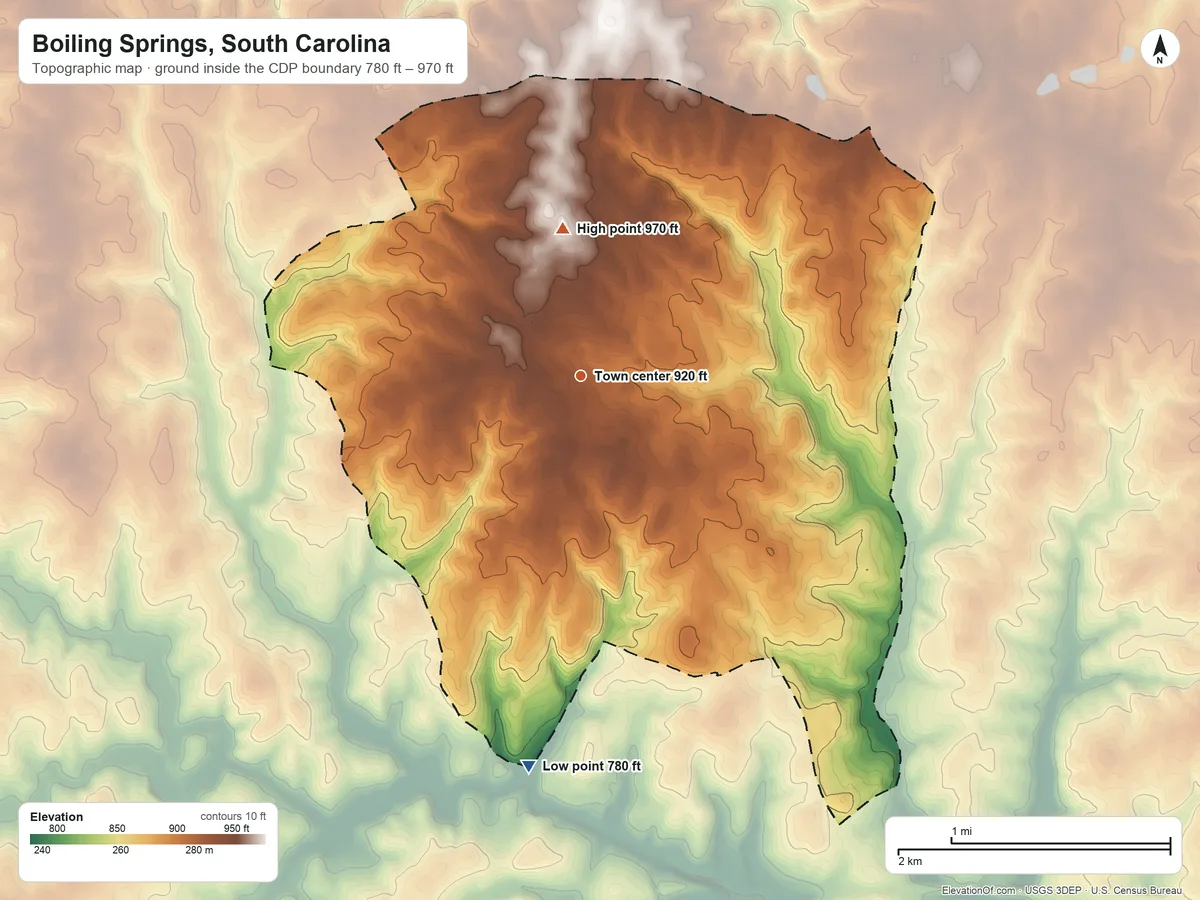Topographic elevation map of Boiling Springs, South Carolina, shaded from 780 ft on the south side to 970 ft on the north side