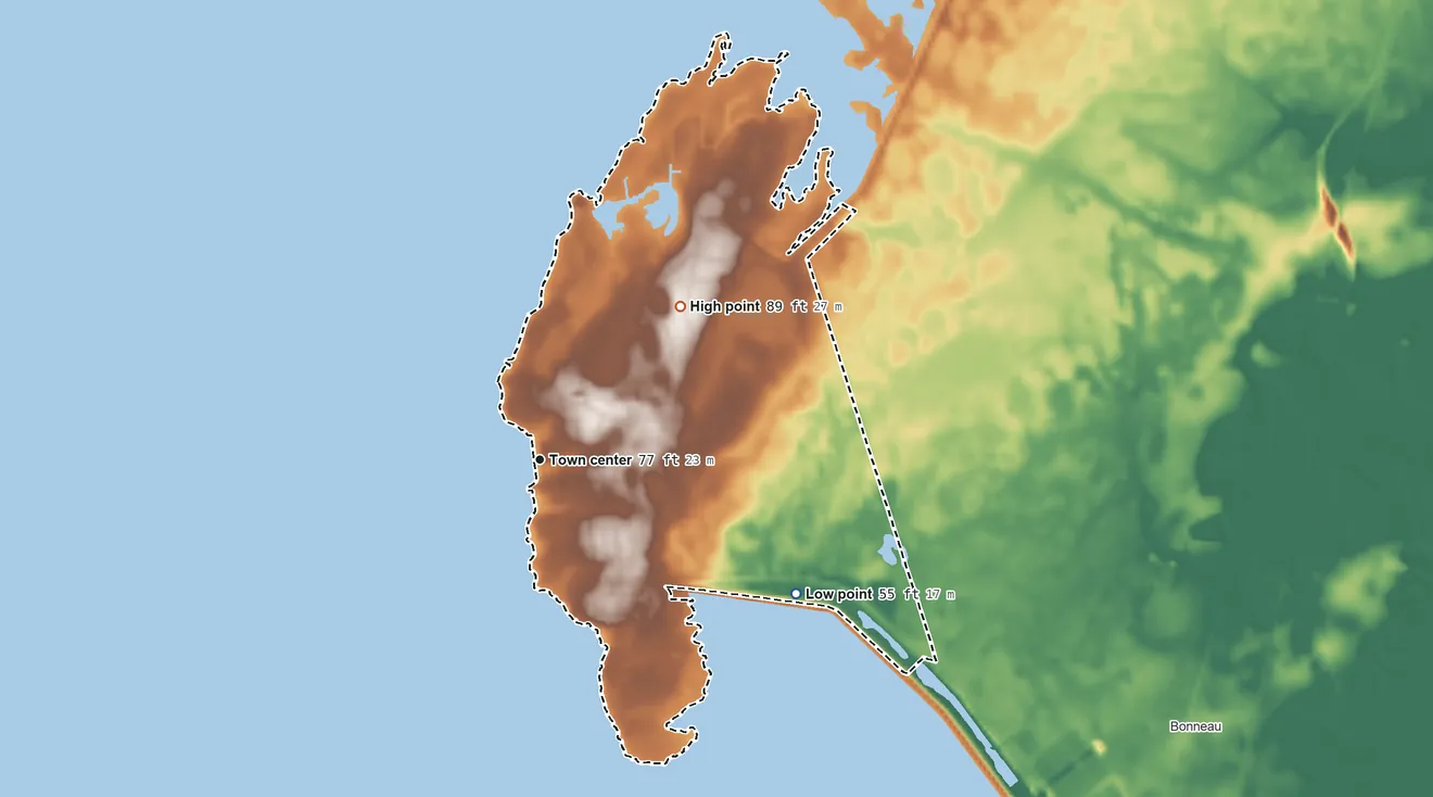 Topographic elevation map of Bonneau Beach, South Carolina, shaded from 55 ft on the southeast side to 89 ft on the northeast side