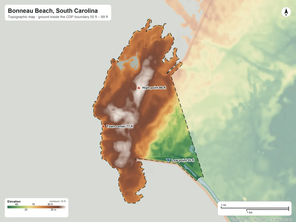 Topographic elevation map of Bonneau Beach, South Carolina, shaded from 55 ft on the southeast side to 89 ft on the northeast side