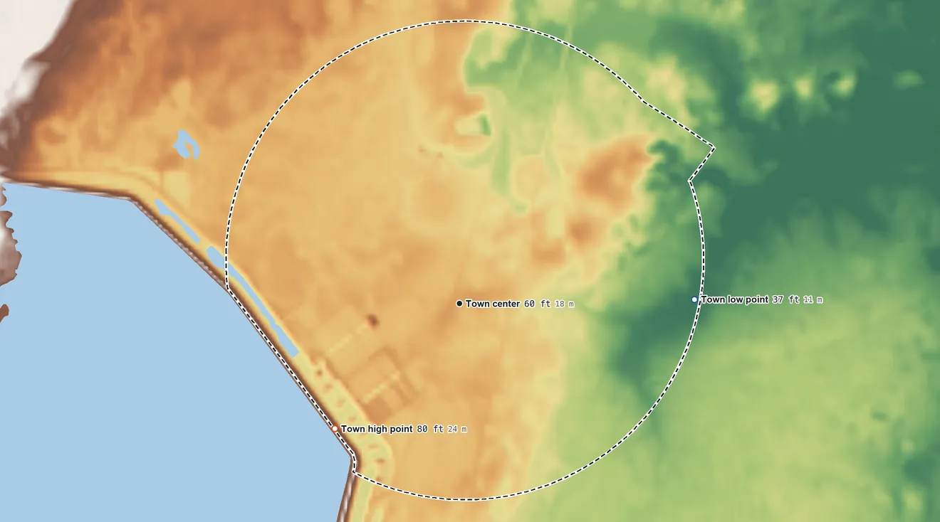 Topographic elevation map of Bonneau, South Carolina, shaded from 37 ft on the east side to 80 ft on the southwest side