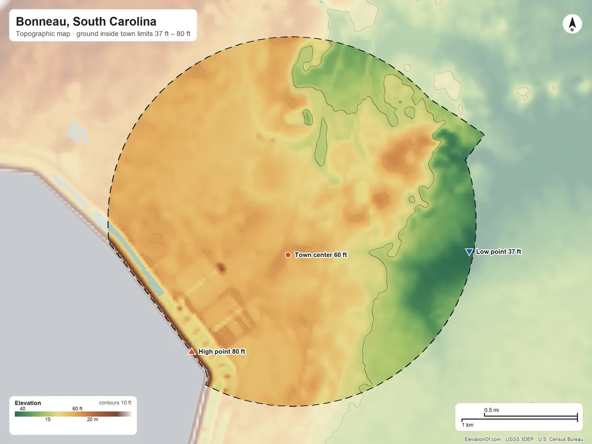 Topographic elevation map of Bonneau, South Carolina, shaded from 37 ft on the east side to 80 ft on the southwest side