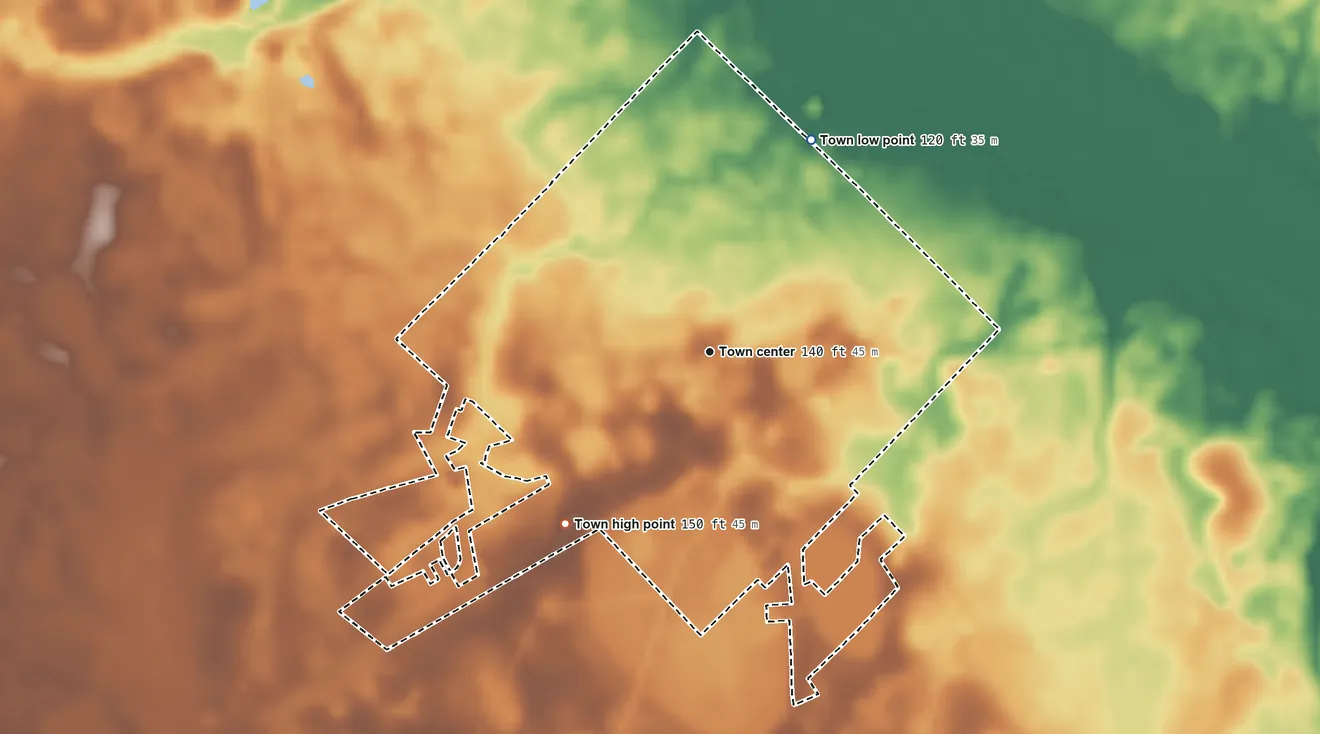 Topographic elevation map of Bowman, South Carolina, shaded from 120 ft on the northeast side to 150 ft on the southwest side