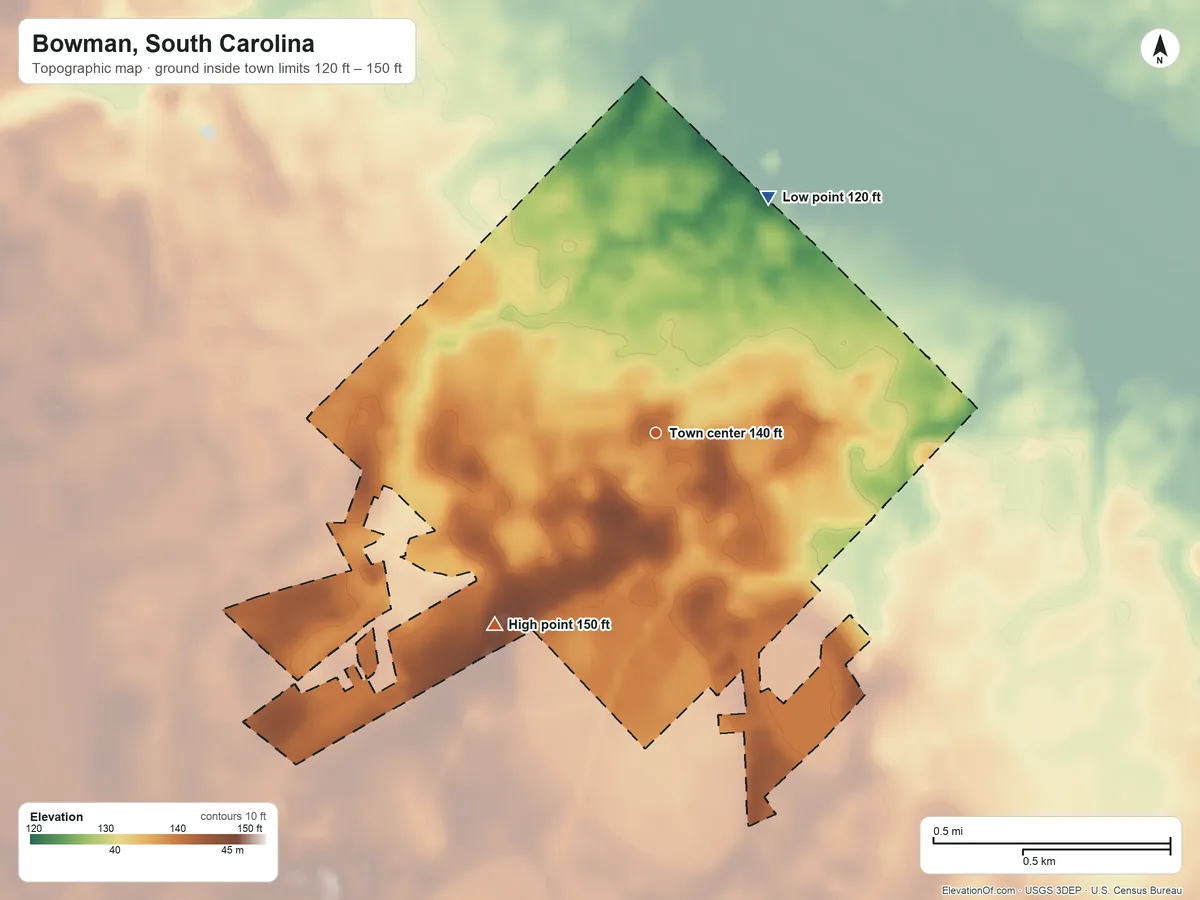 Topographic elevation map of Bowman, South Carolina, shaded from 120 ft on the northeast side to 150 ft on the southwest side