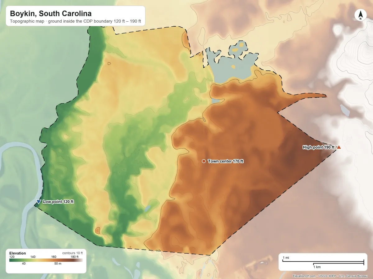 Topographic elevation map of Boykin, South Carolina, shaded from 120 ft on the west side to 190 ft on the east side
