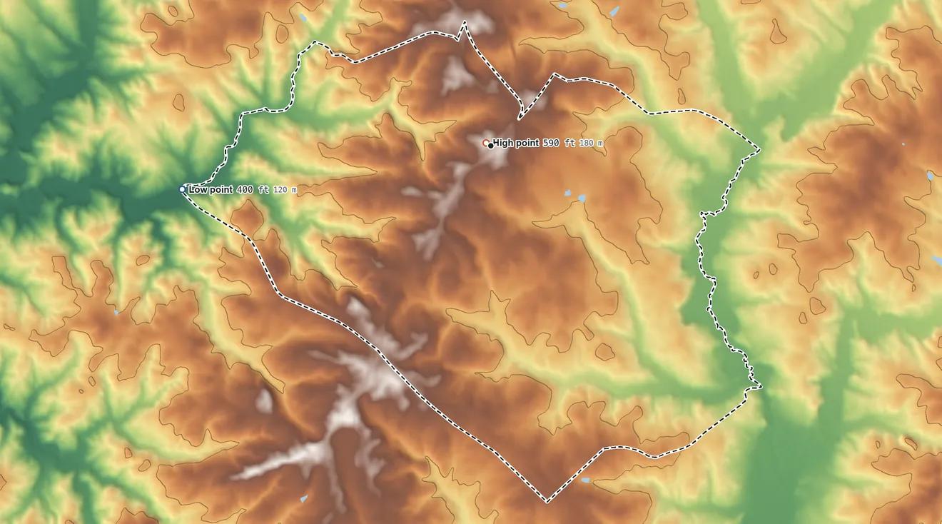 Topographic elevation map of Bradley, South Carolina, shaded from 400 ft on the west side to 590 ft near the middle