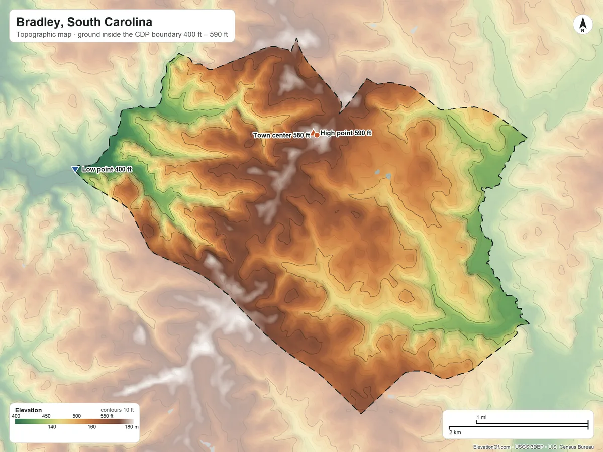 Topographic elevation map of Bradley, South Carolina, shaded from 400 ft on the west side to 590 ft near the middle