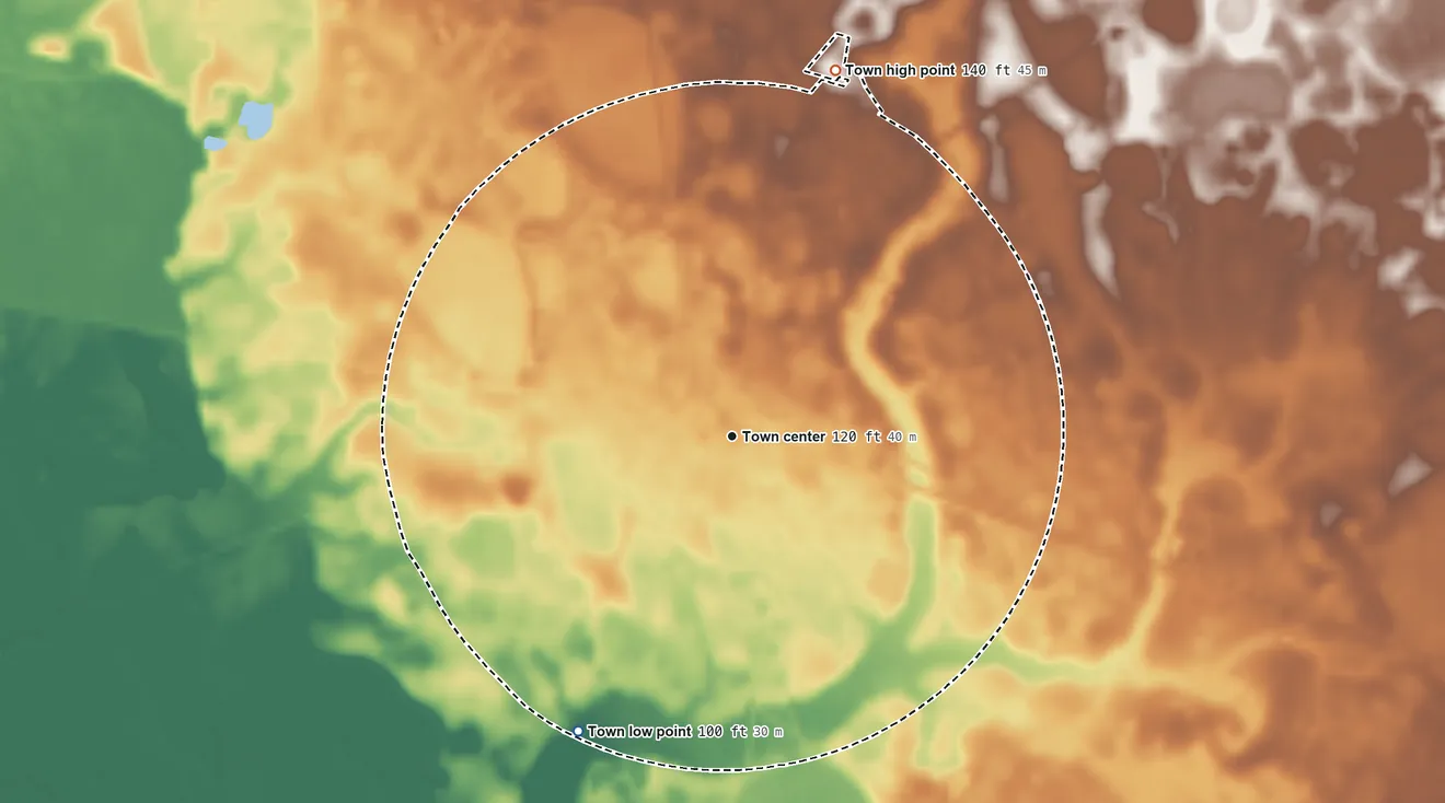 Topographic elevation map of Branchville, South Carolina, shaded from 100 ft on the southwest side to 140 ft on the north side