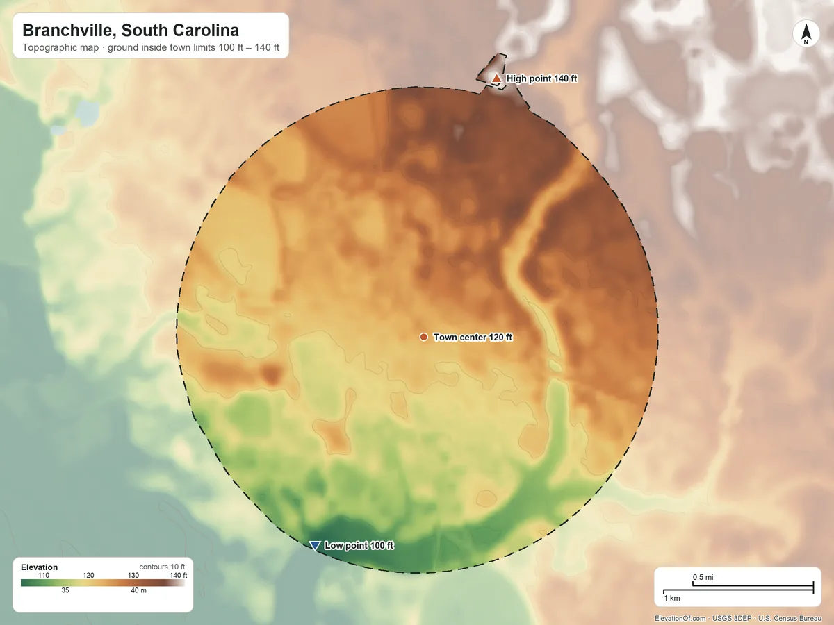 Topographic elevation map of Branchville, South Carolina, shaded from 100 ft on the southwest side to 140 ft on the north side